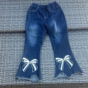 SHEIN Kids Blue Flare Jeans with White Bow Details